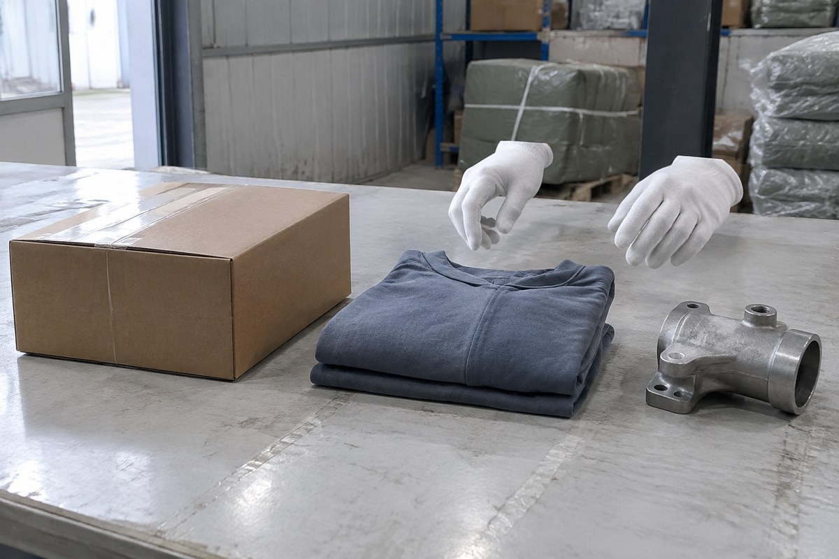 Carton, tape dispenser and tape measure on a warehouse floor