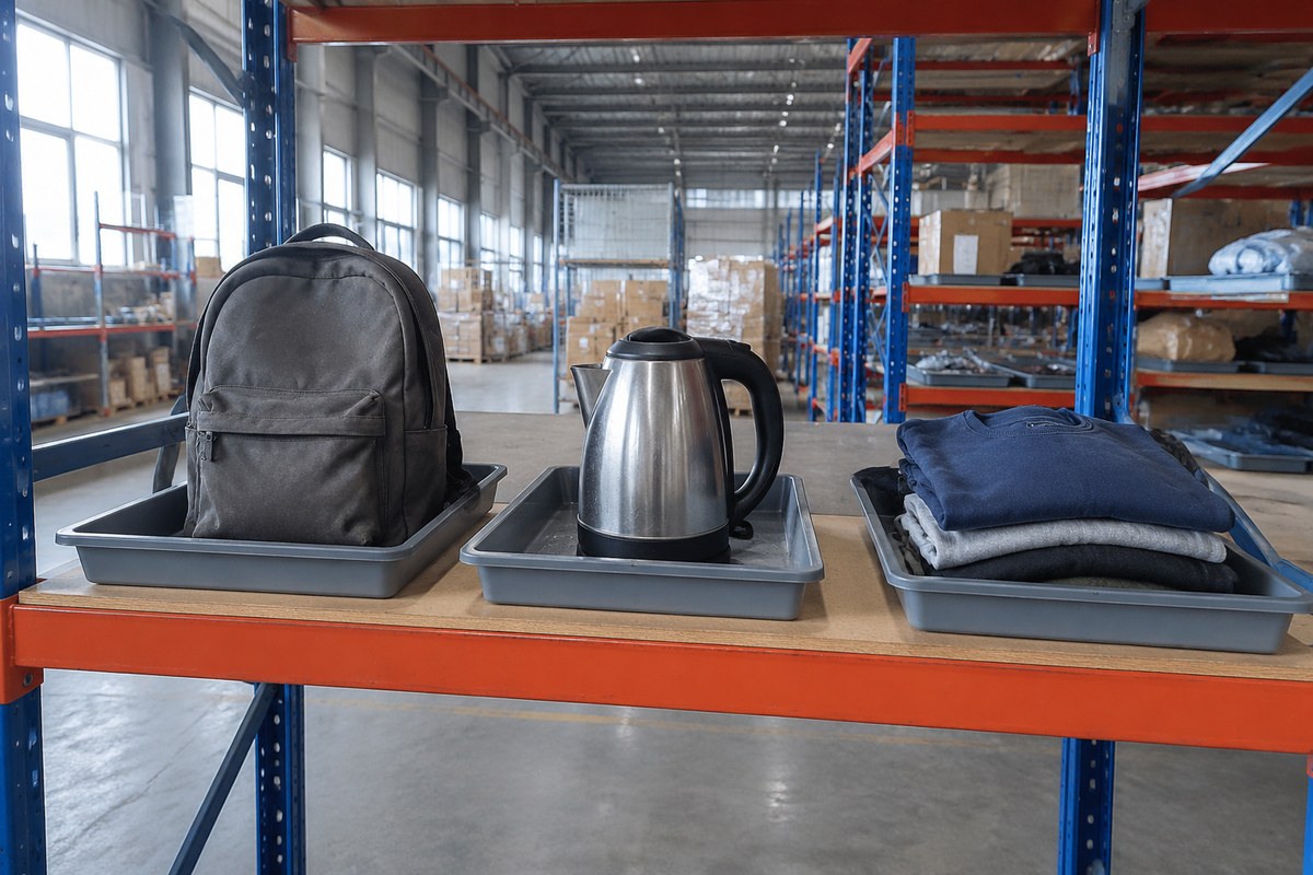 Gloved staff inspecting a second-hand handbag photographed on a warehouse bench