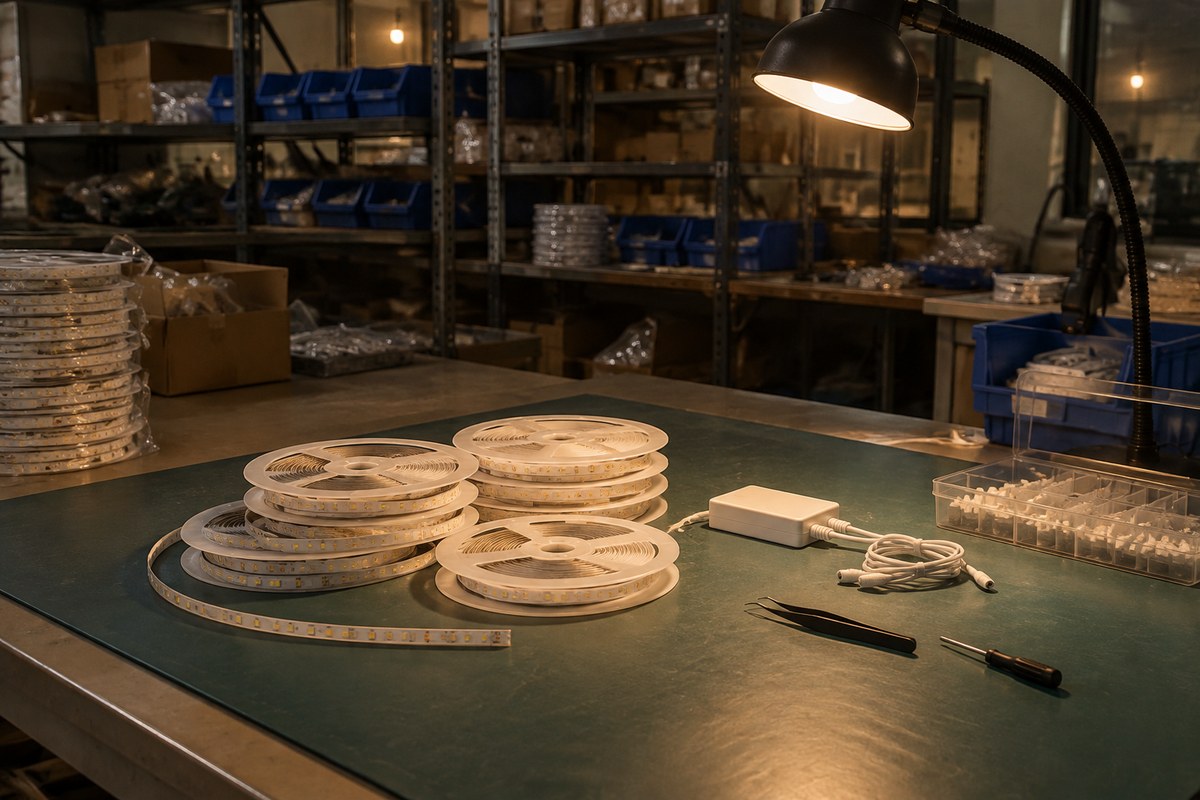Coiled LED light strip and small smart-home parts checked on a workbench