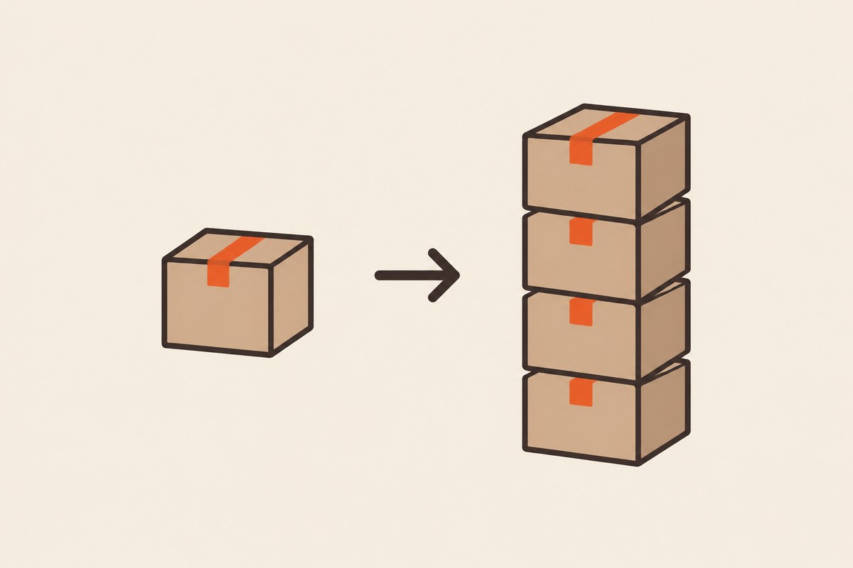 Illustration of one carton with an arrow pointing to a stack of cartons