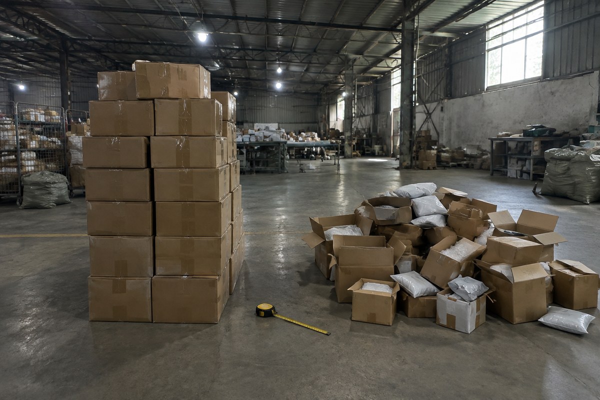 Stack of sealed cartons beside a pile of open boxes and mailing bags on a warehouse floor