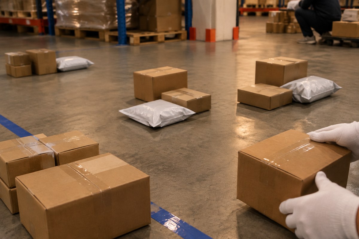 Groups of taped cartons and grey mailing bags on a warehouse floor, with gloved hands holding one carton
