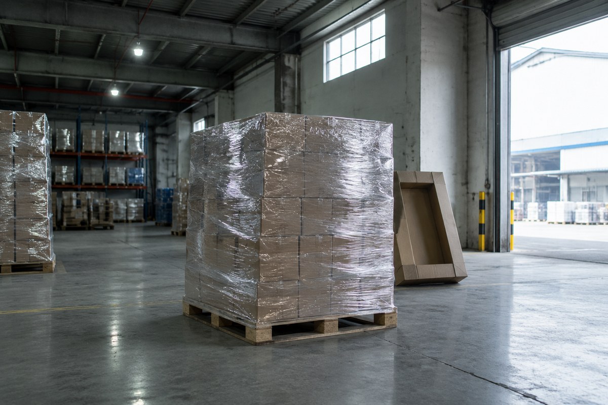 Gloved hand opening a bubble-wrapped parcel beside stacked cartons