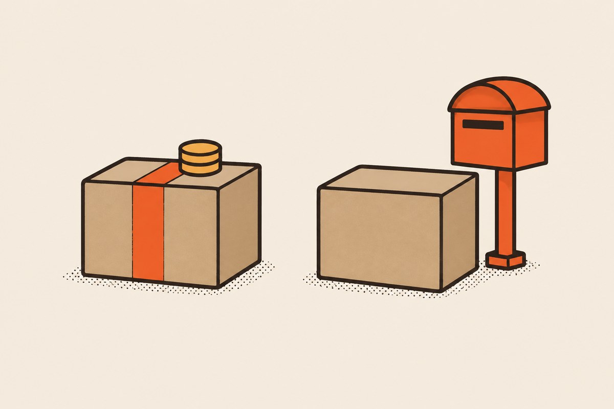 Taped carton, plastic mailer bag and tape measure on a packing bench