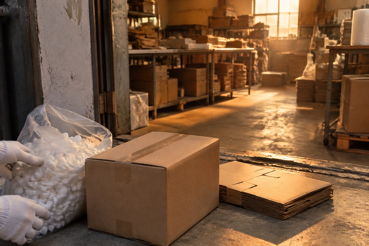 Sealed carton with printed paperwork and a tape measure on a packing table