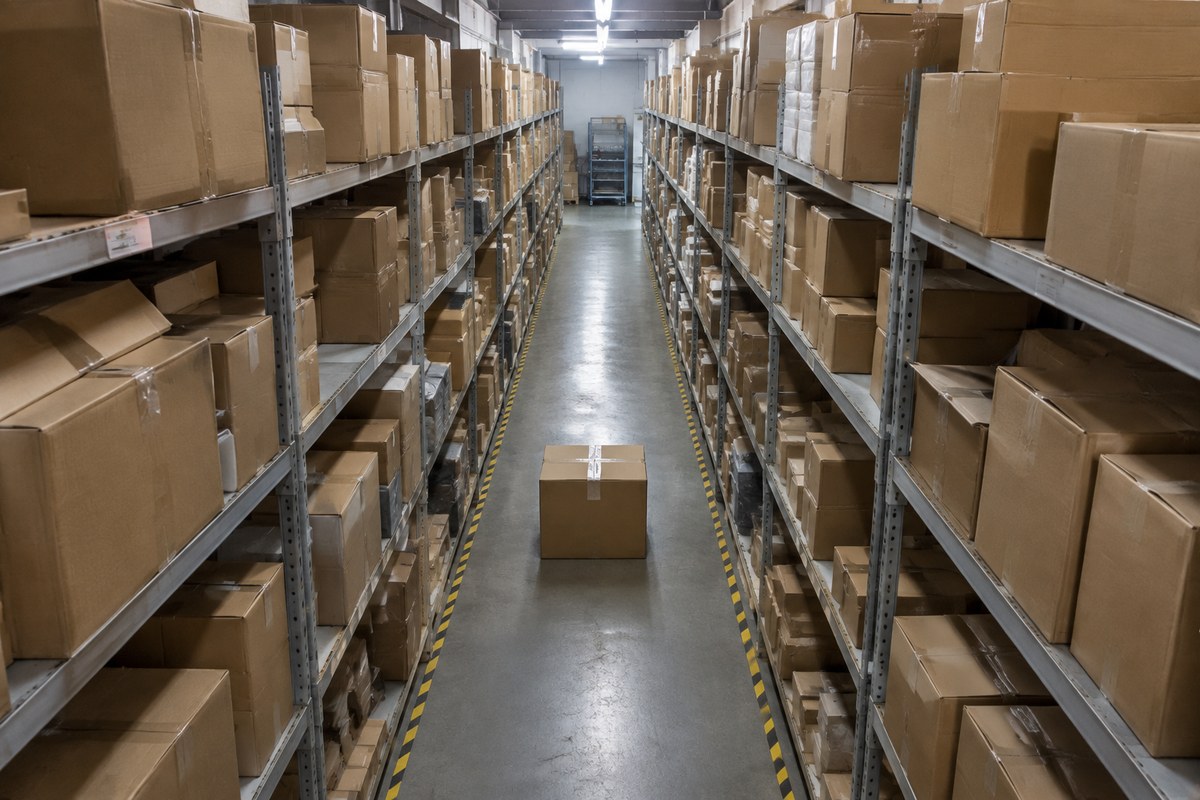 Warehouse worker opening a carton beside a garment photographed on paper