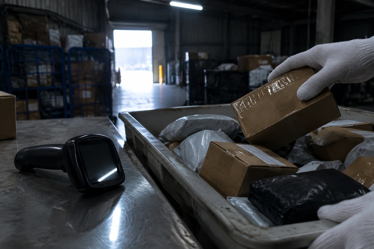 Sealed carton with a packing slip sitting on a warehouse pallet
