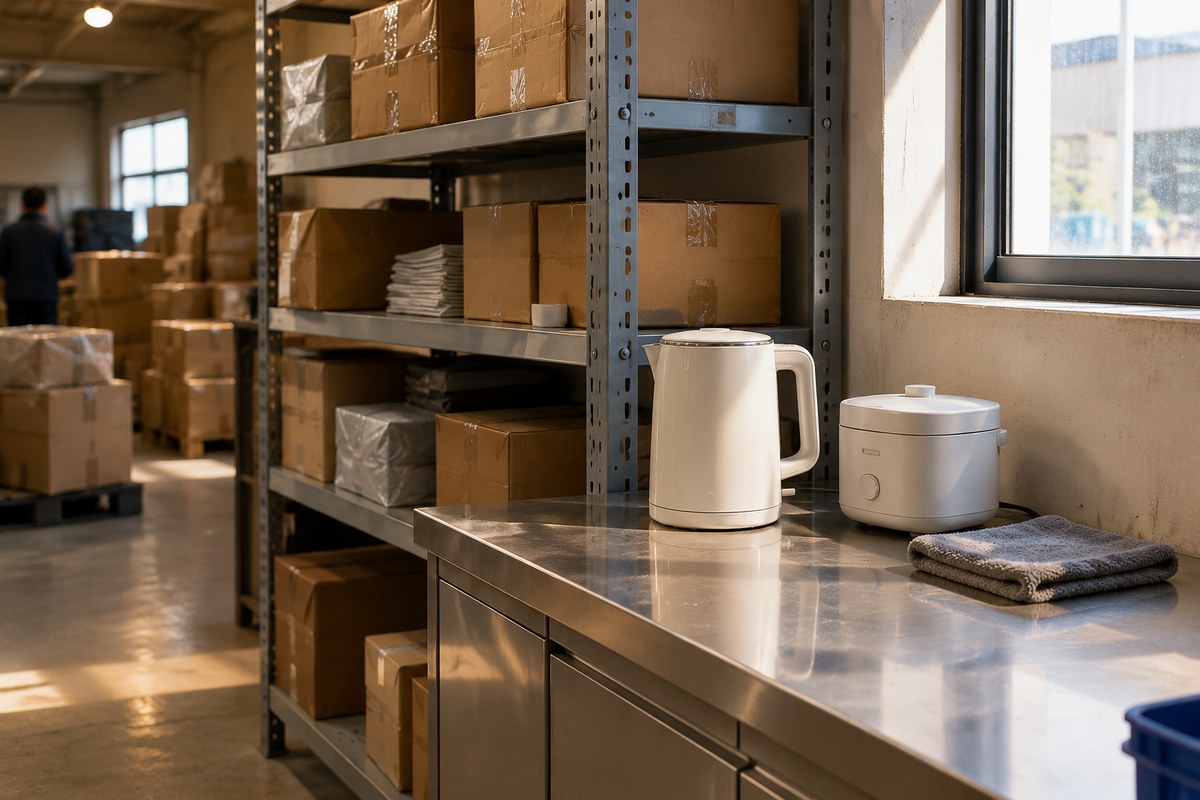 Stainless steel kettle and glass blender with power cord on a packing bench