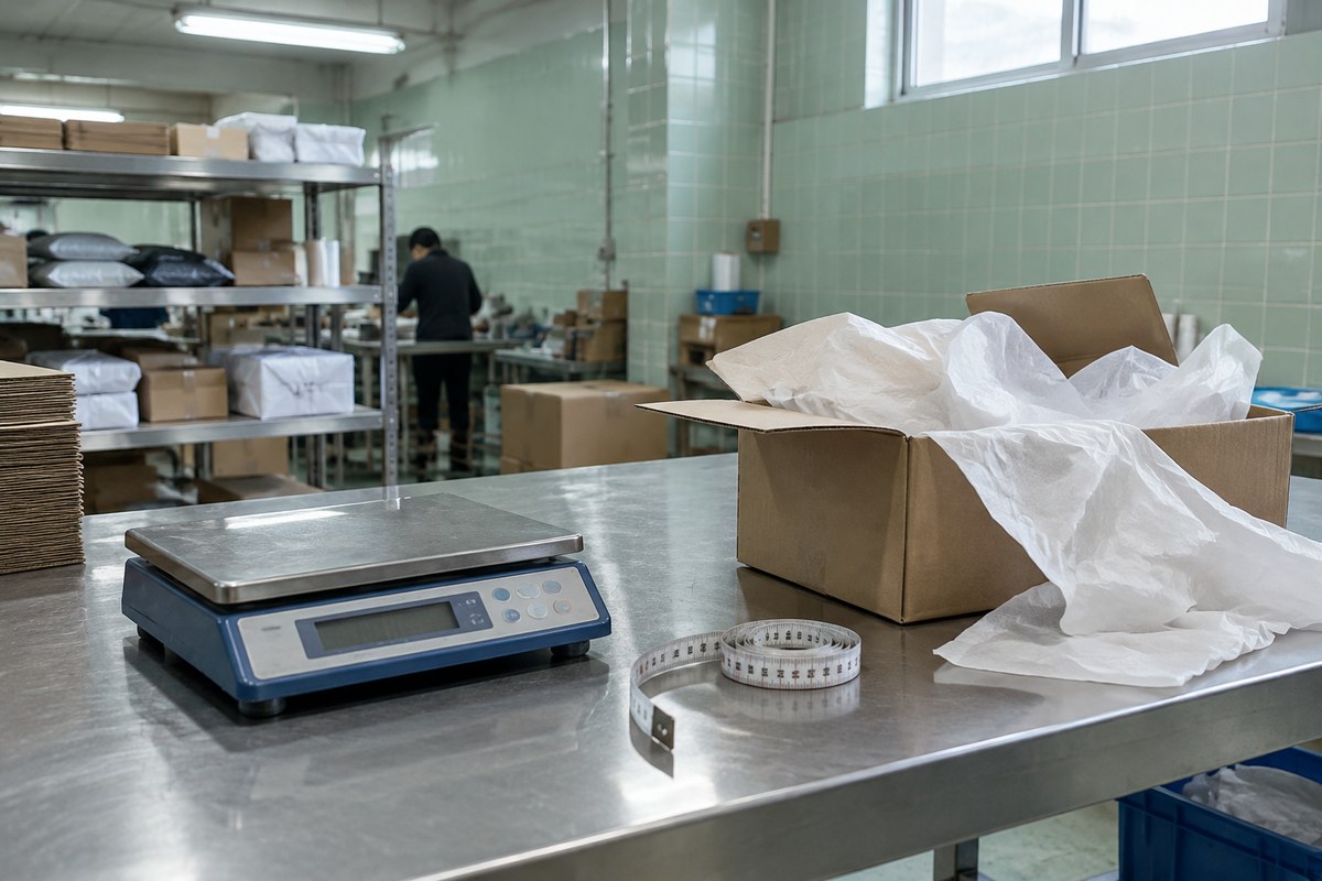 Open cardboard box lined with bubble wrap holding two flat wrapped packages