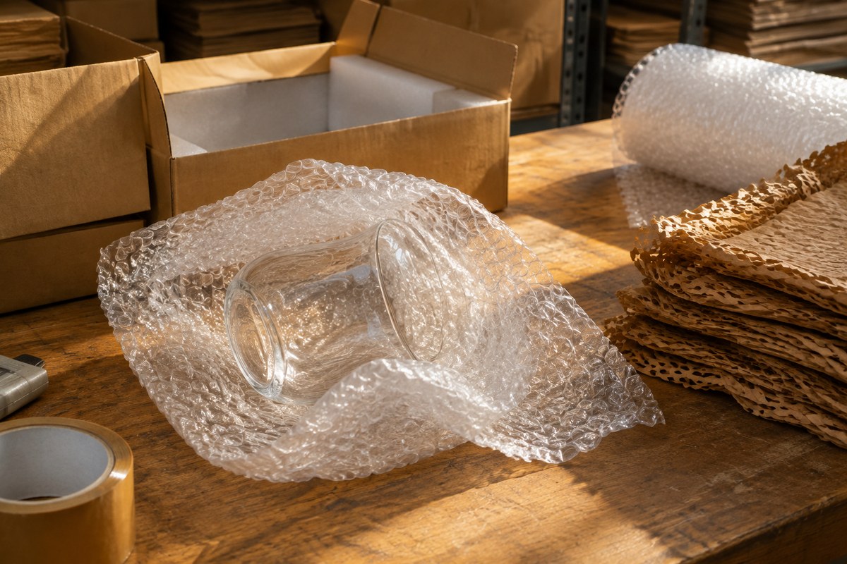 Bubble-wrapped mug and glass jar packed against a roll of bubble wrap