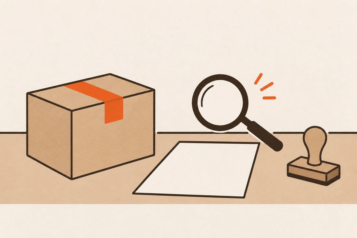Packing list papers beside an open carton during a declaration check