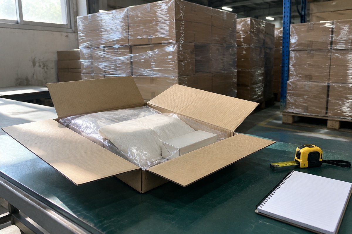 Open carton with a wrapped item on a packing table beside a tape measure and notebook