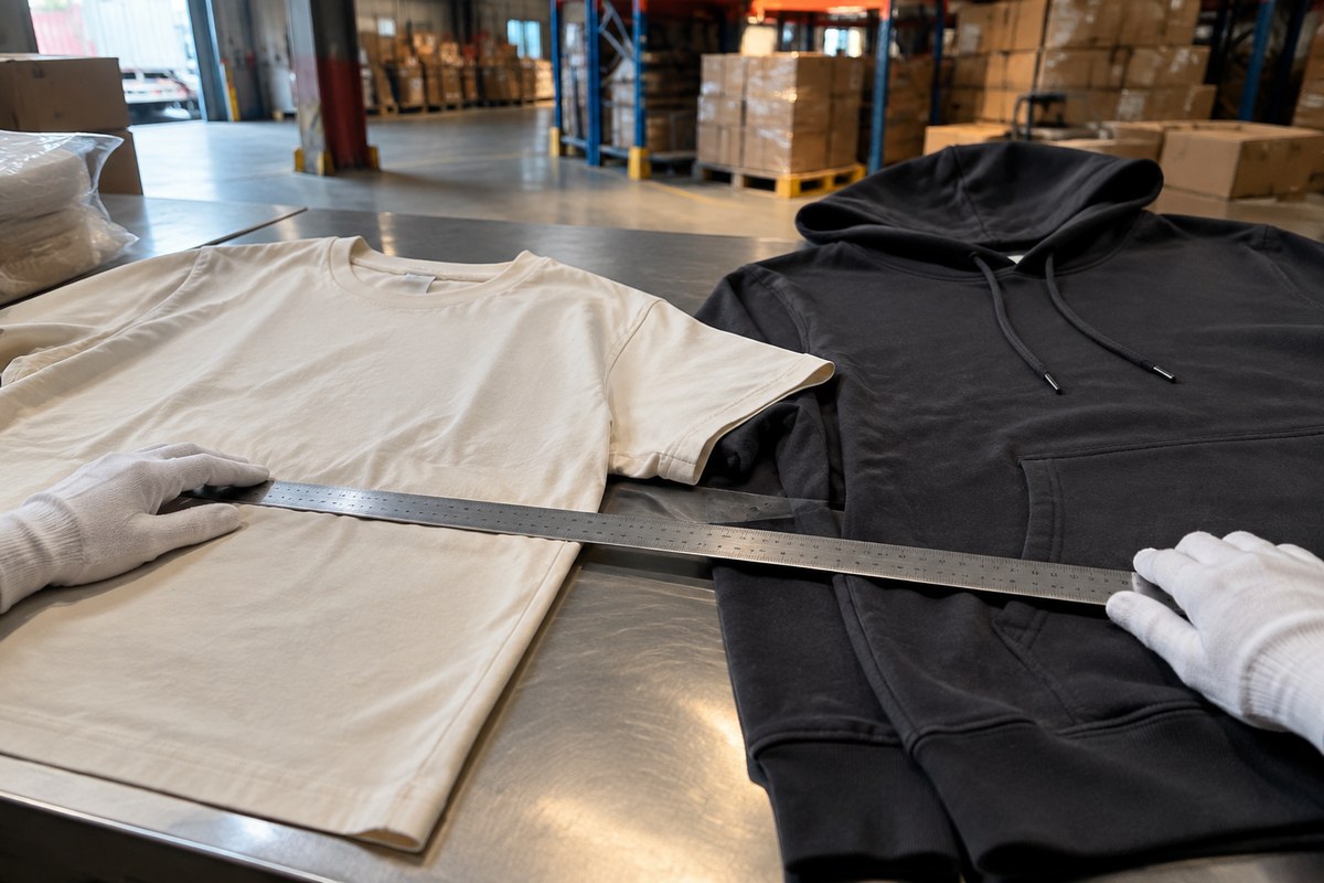 Gloved hands holding a metal ruler across a cream T-shirt and a black hoodie on a warehouse table