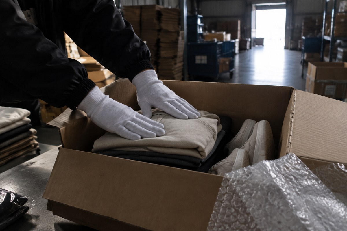 Folded white T-shirt, white trainers and packed accessories staged for one parcel
