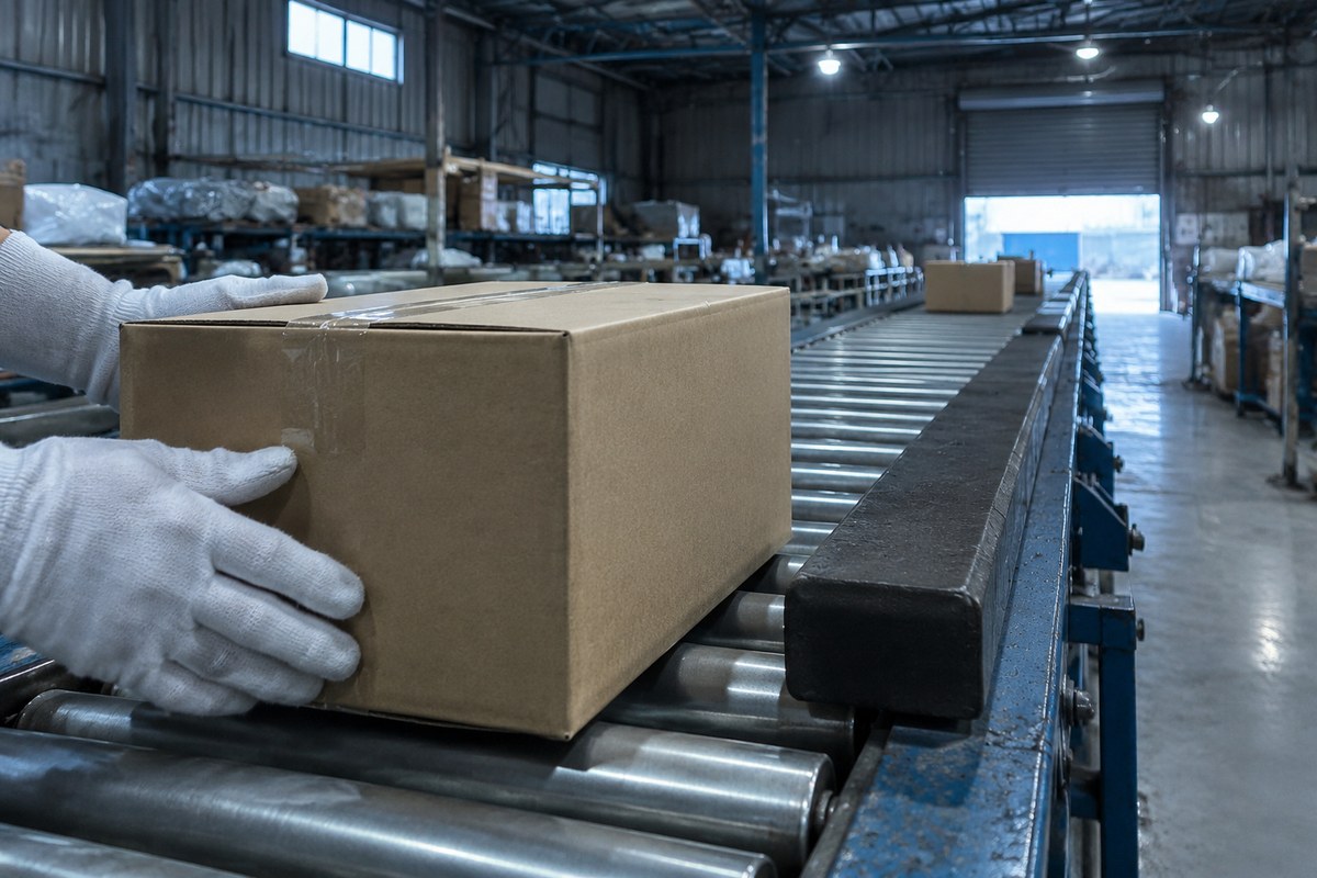 Empty stainless packing bench with bubble wrap, kraft paper and cartons ready for dispatch