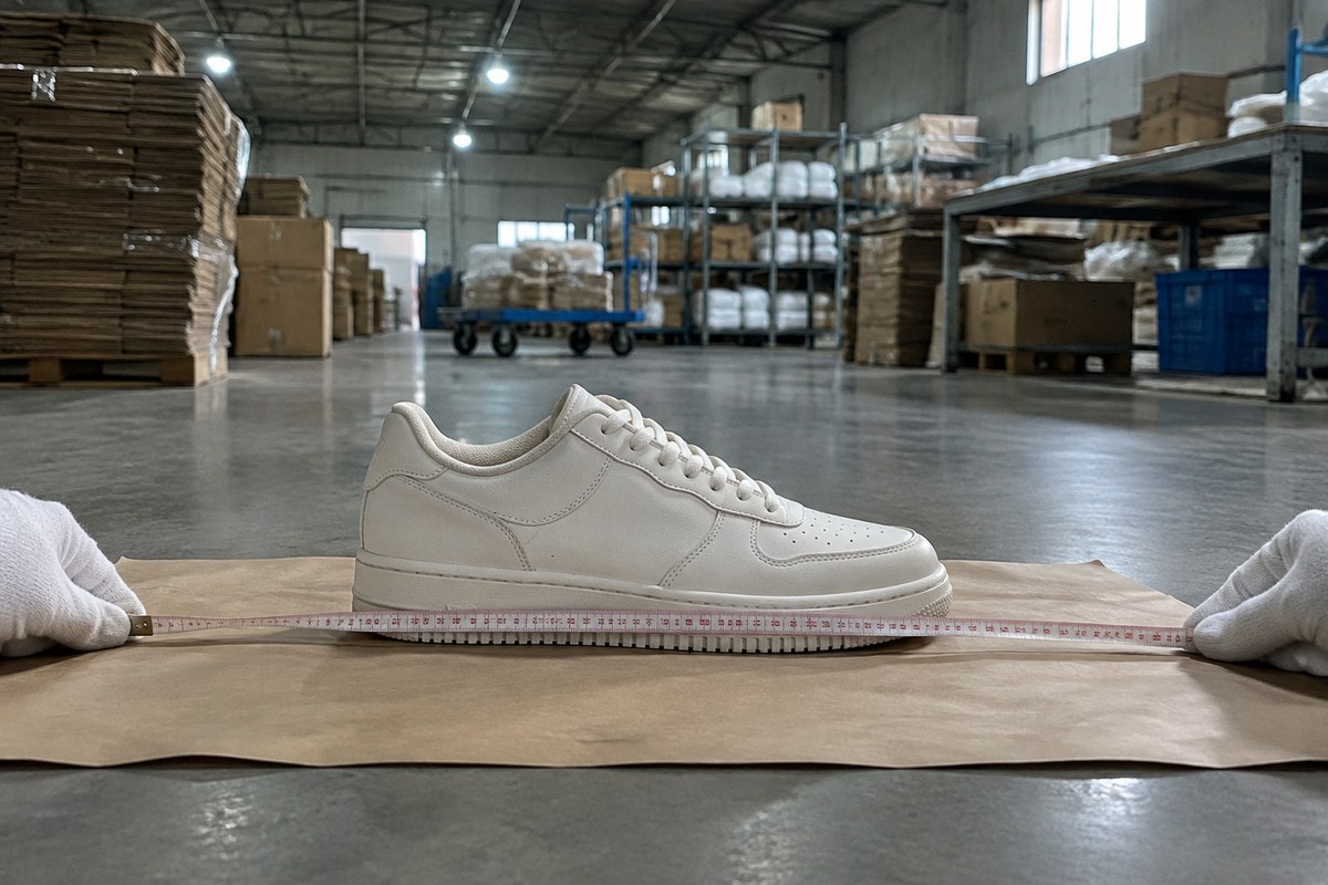 White sneakers and their box checked for size on a bench