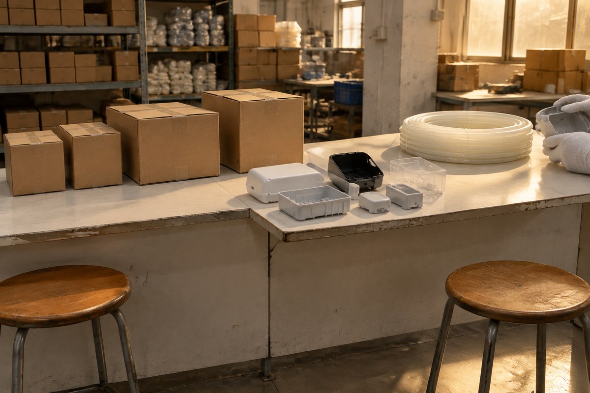 Clipboard, kraft envelope, tape measure and a bowl of coins on a packing table