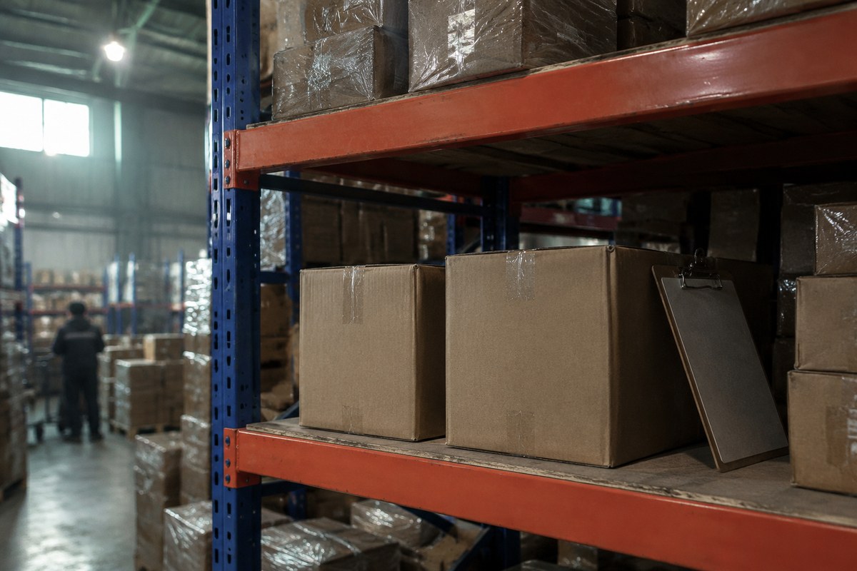 Taped parcel, foam-lined open box and padded envelope beside a warehouse scale