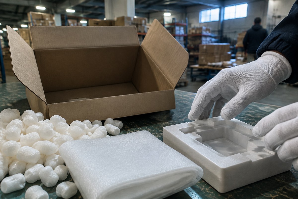 Foam-lined box opened to show its small accessories during a warehouse check