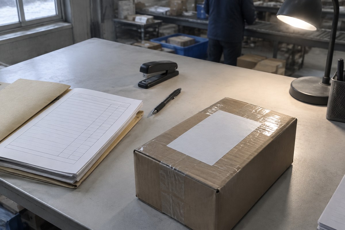 Sealed parcel with a clear document pouch taped on top on a packing table