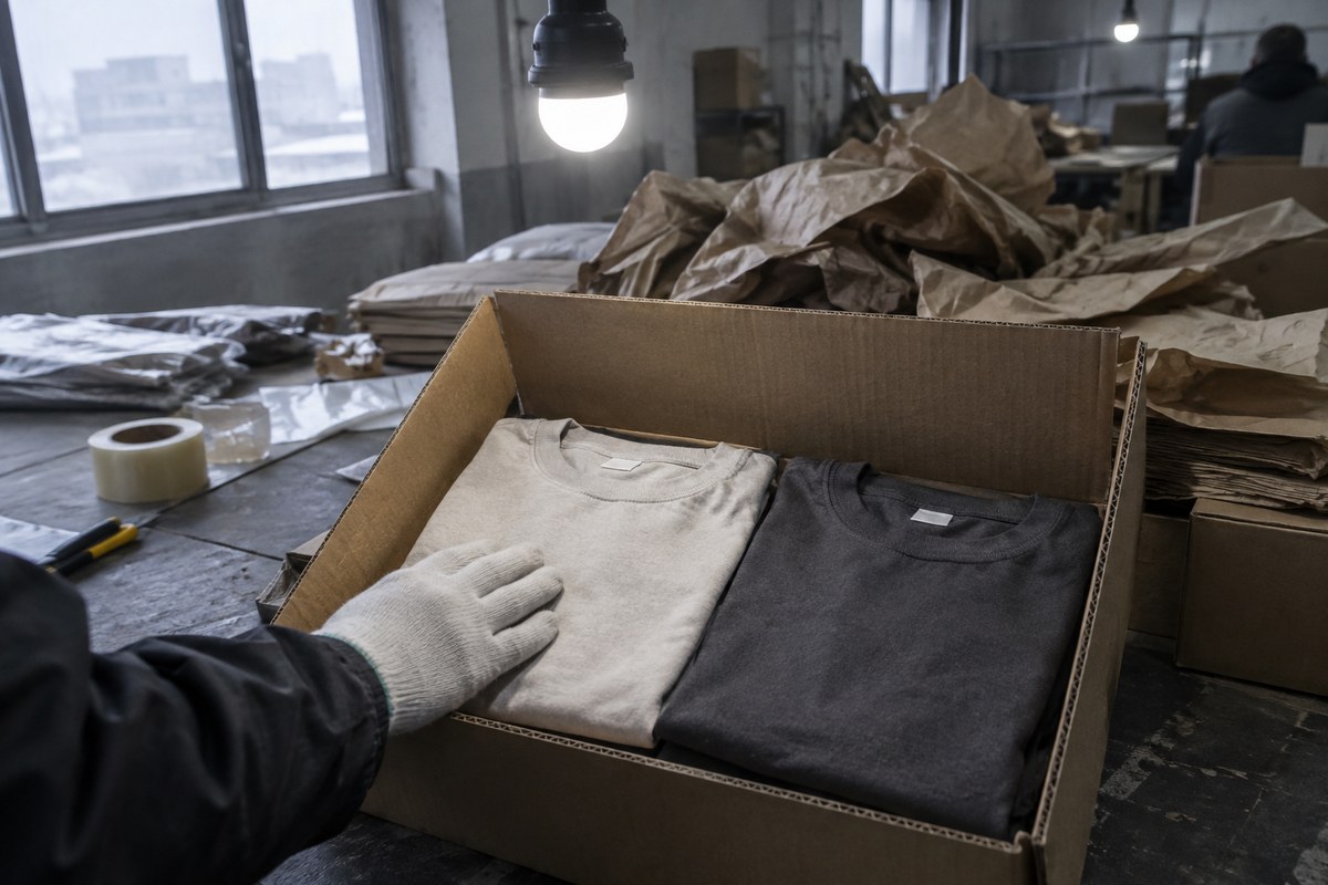 Folded navy and black sweatshirts checked on a warehouse packing table