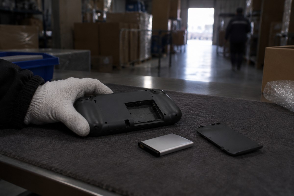 Opened handheld console with its battery and small parts on a table