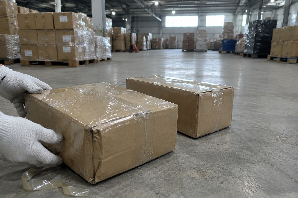 Two sealed cardboard parcels beside a tape measure and packing tape on a steel table