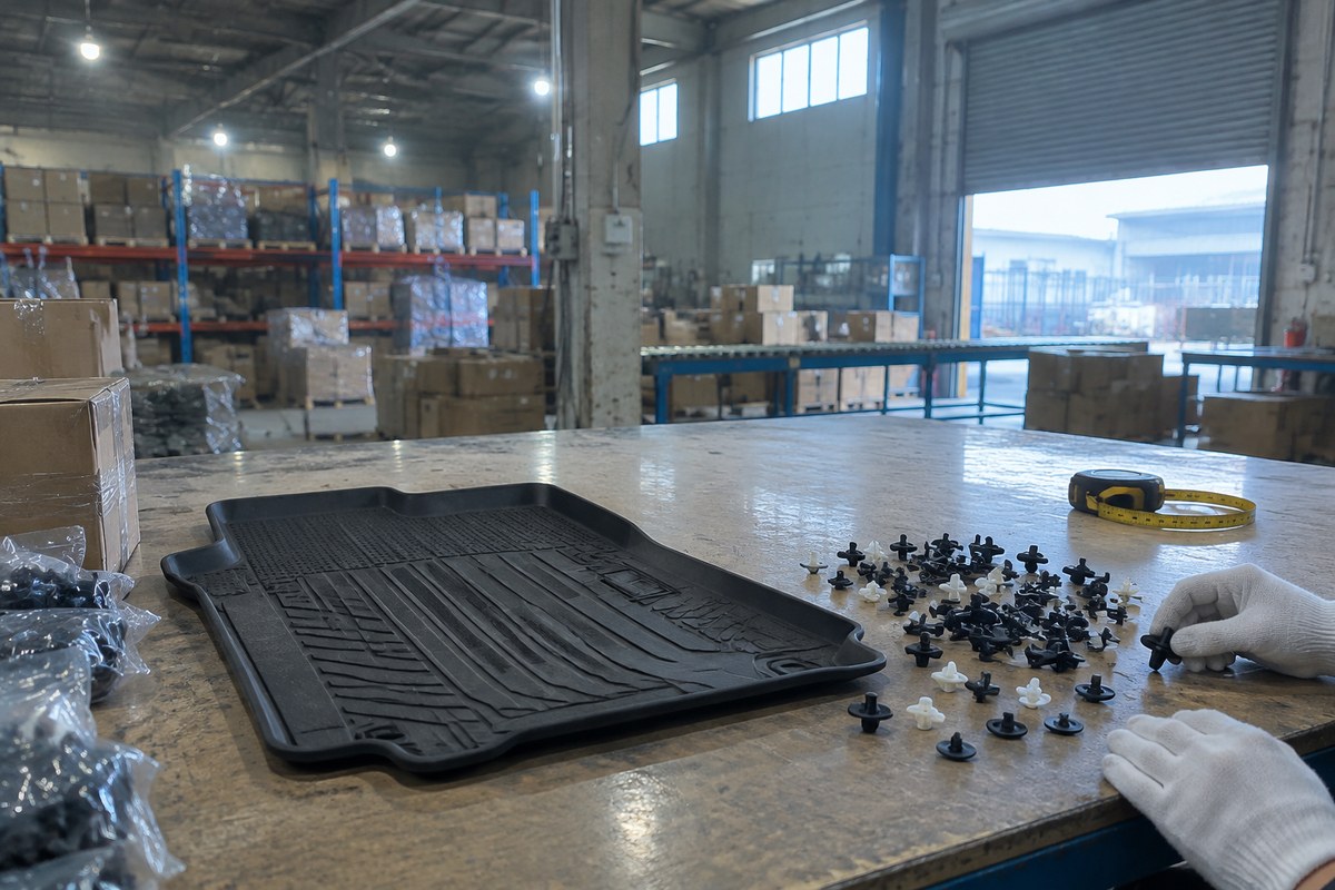 Black car trim panel, boxed clips, rolled mats and coiled cable measured with tape