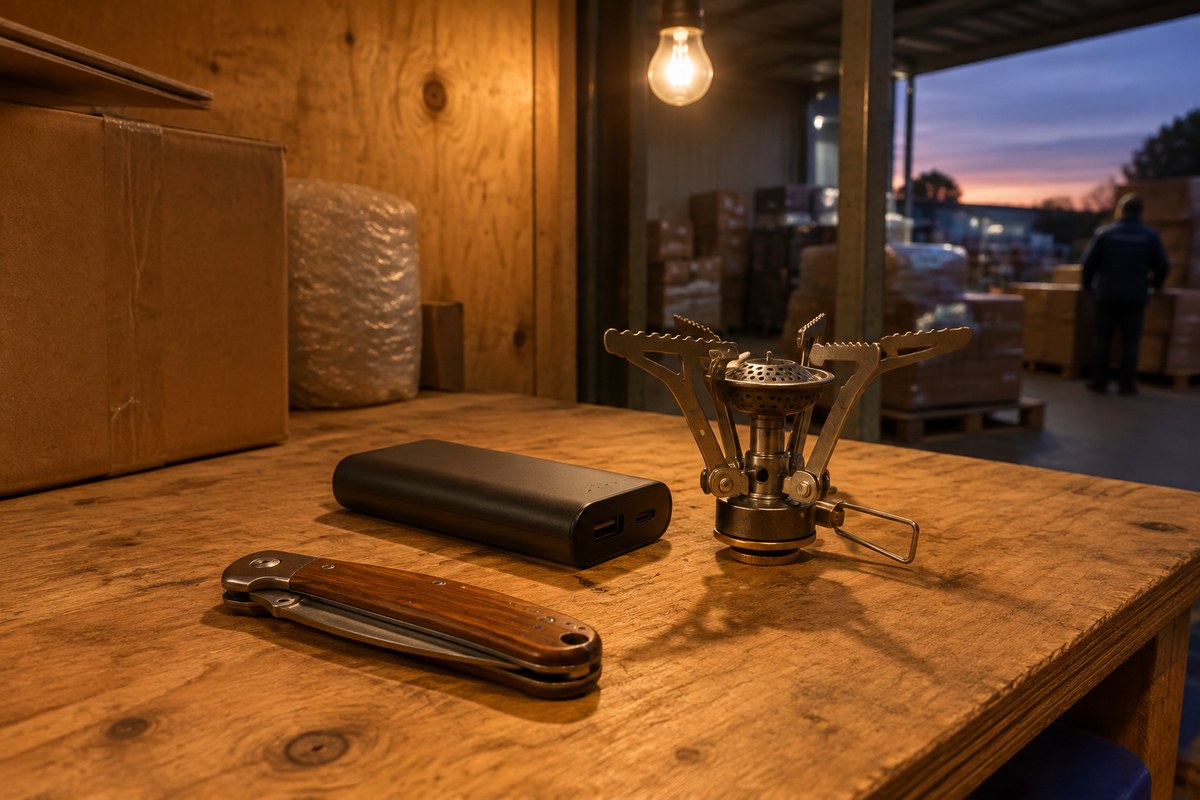 Camping stove, fuel bottle, paracord, multitool and packed batteries on a warehouse table