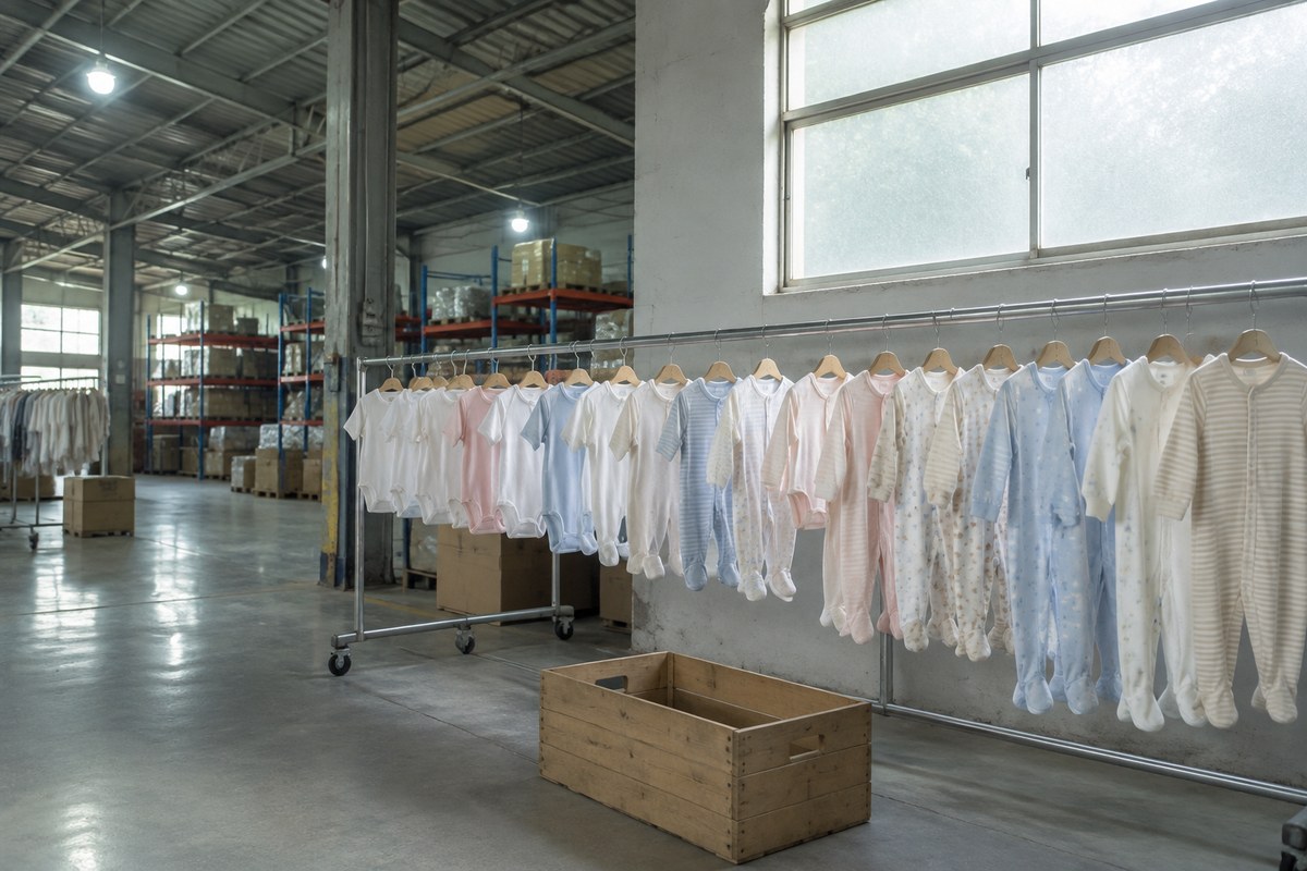 Gloved hands arranging plain white baby bodysuits beside a measuring tape on a table