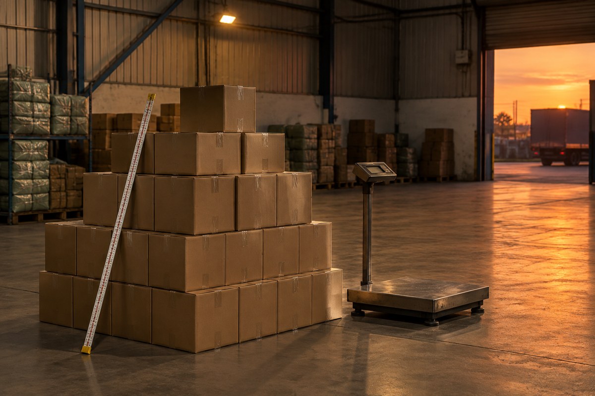 Open carton, shrink-wrapped bundles and stacked grey panels beside a tally sheet
