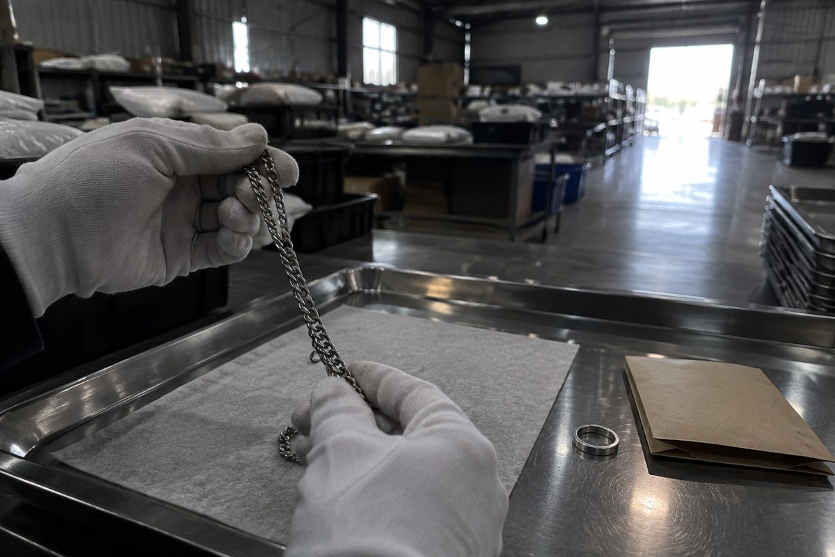 Gold-tone rings and gold chain in a felt-lined inspection tray with loupe