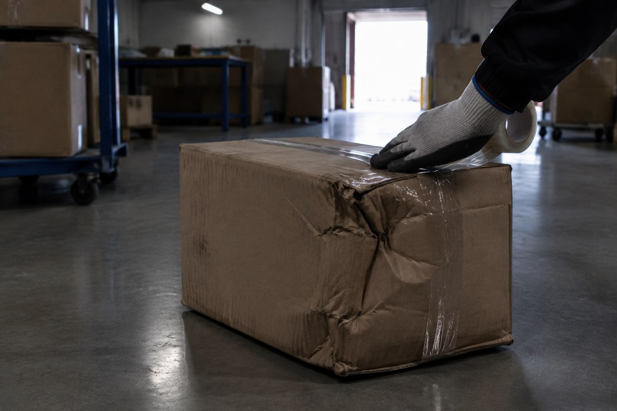 Gloved hands holding a crushed dented cardboard box beside an intact box