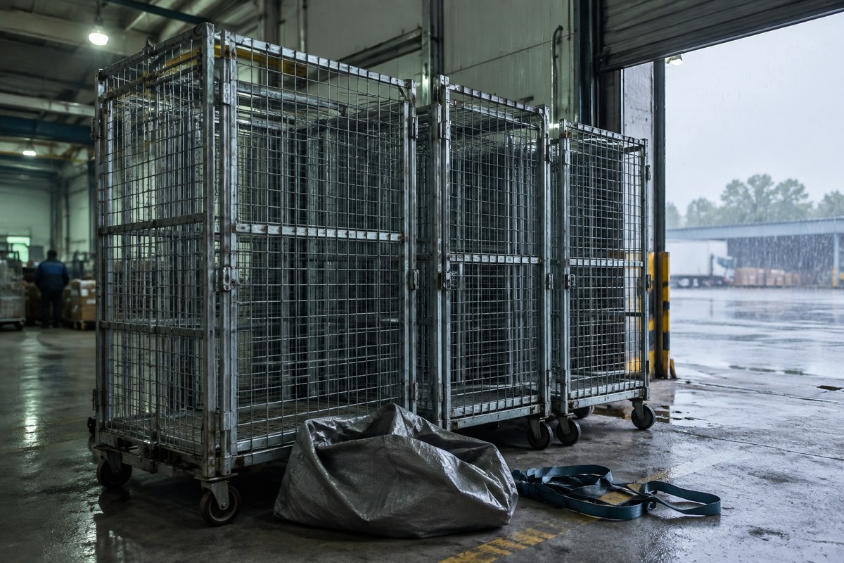 Shrink-wrapped box with documents on a table beside a loading dock and van