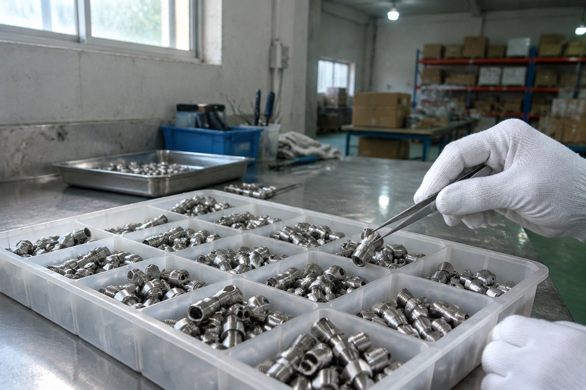 Zip bags of screws, rubber grommets and plastic parts with digital calipers