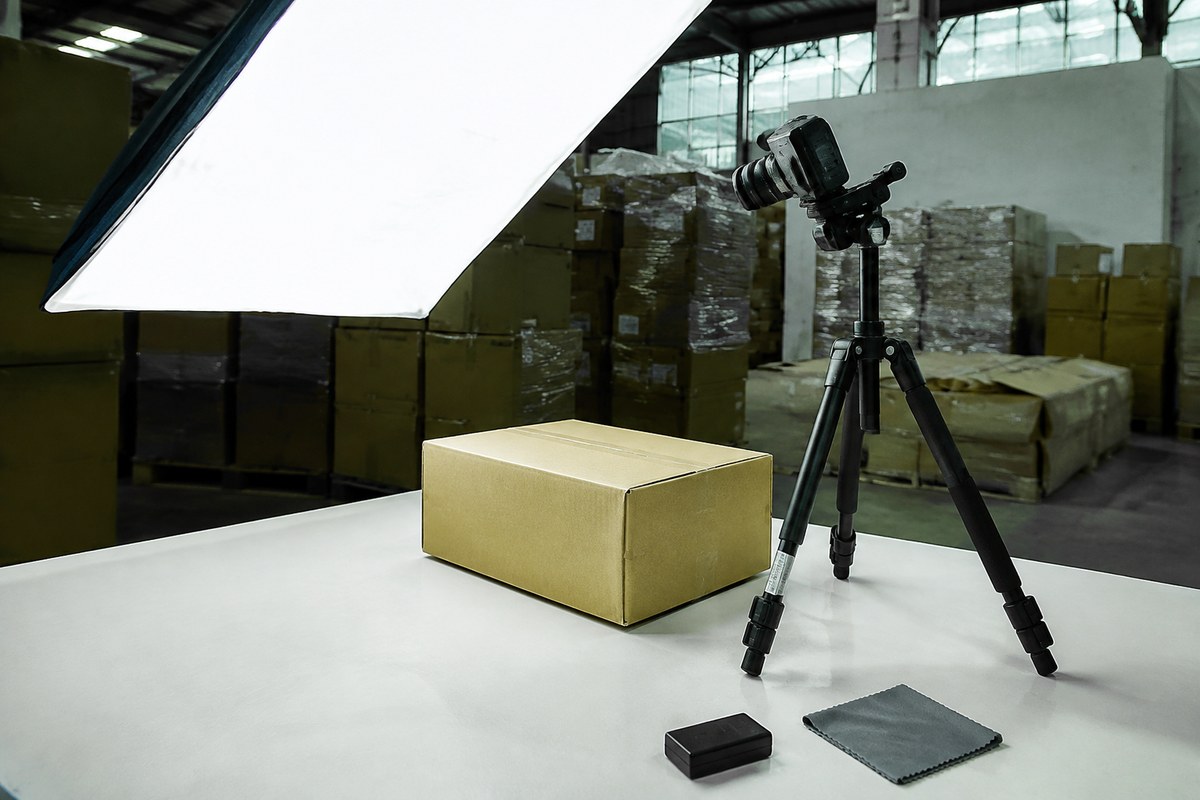 Gloved worker photographing taped cardboard cartons on a warehouse shelf with a phone