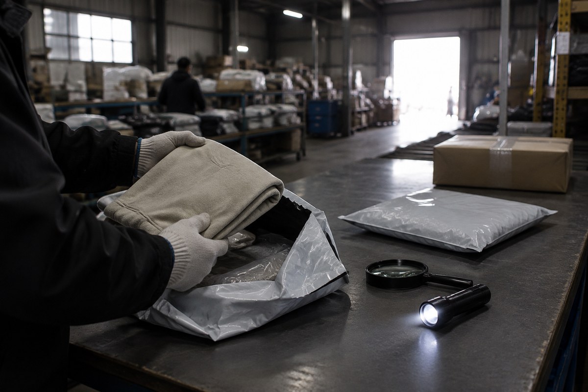 Gloved hands unwrapping a folded blue shirt from a brown paper parcel