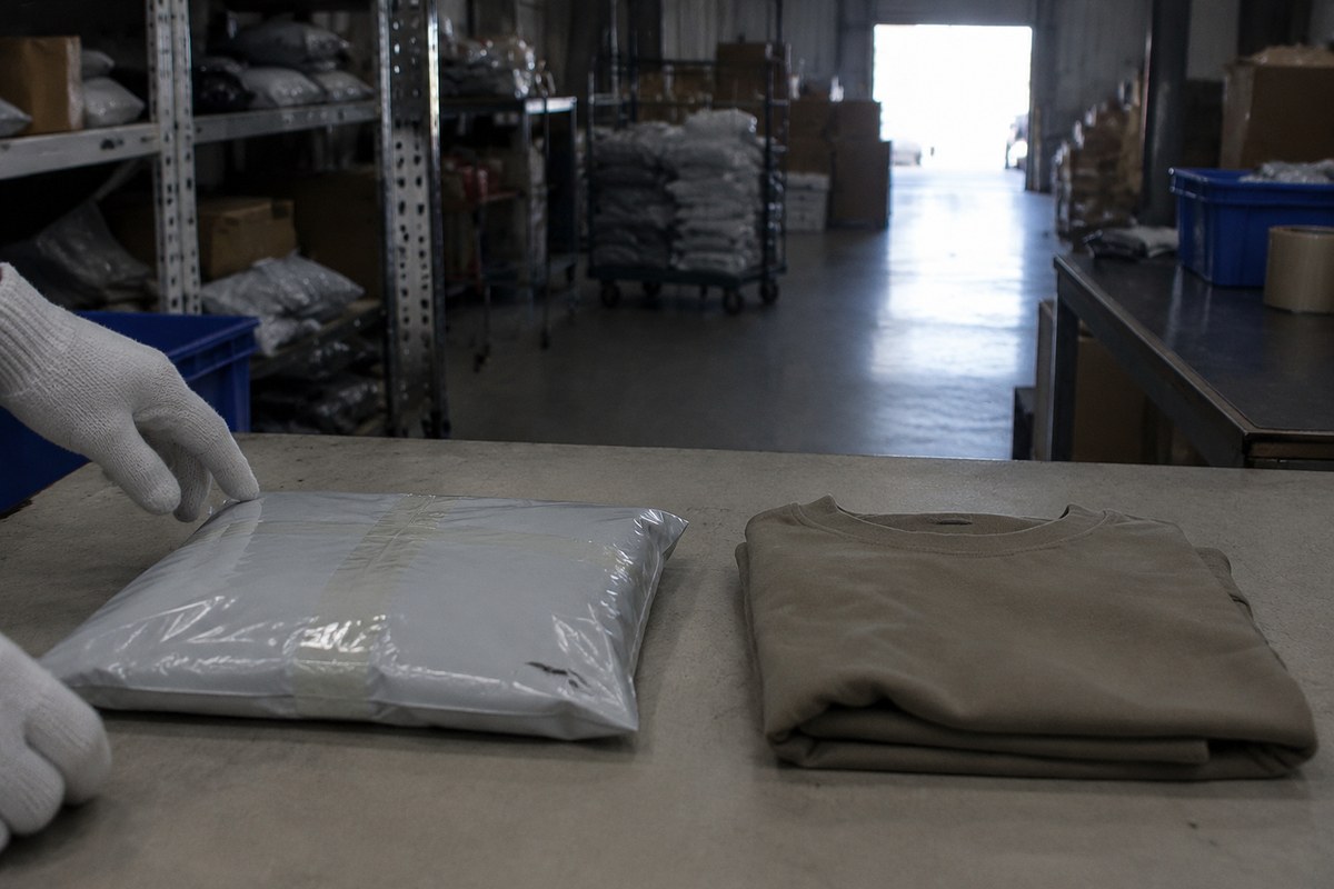 Sealed grey mailing bag beside a folded brown garment on a warehouse packing table