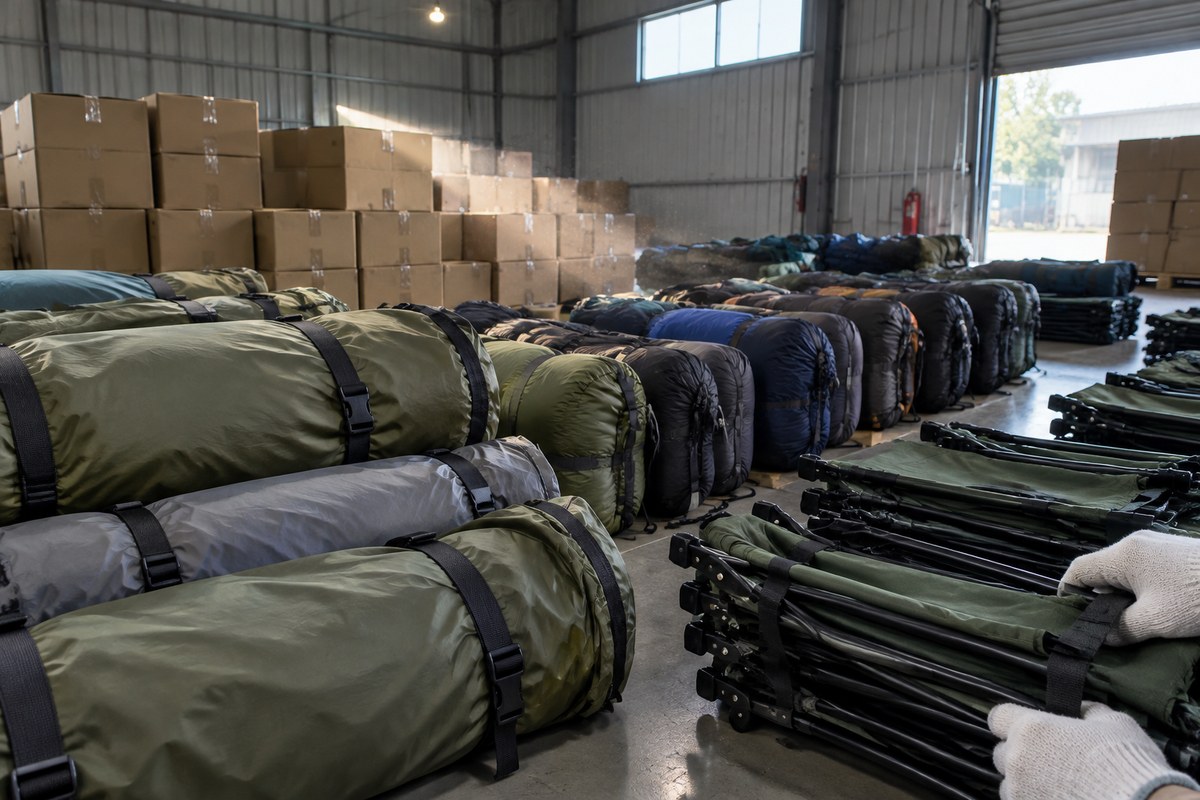 Rolled camping mat, canvas tote, headlamps and cord staged on a warehouse floor