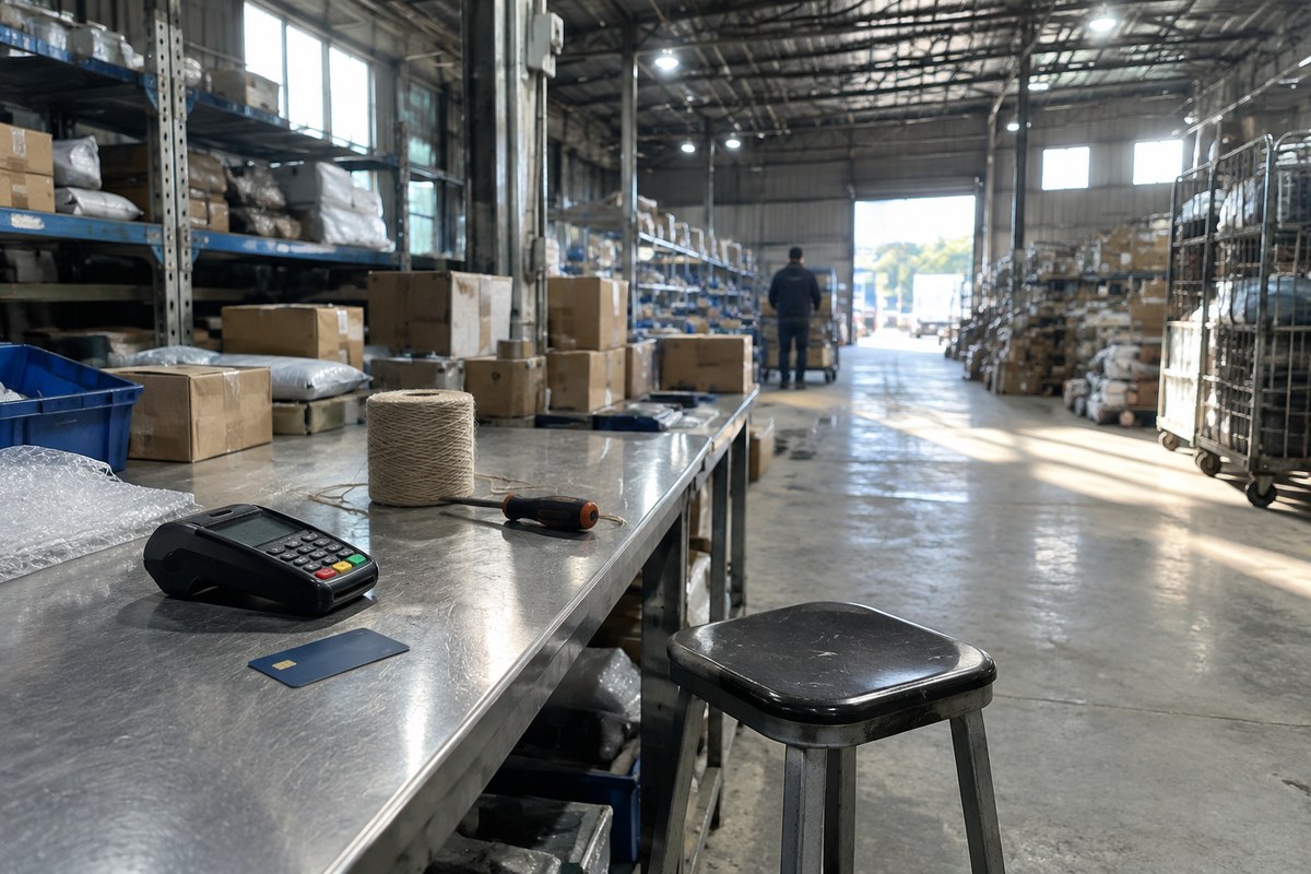 Card payment terminal and blue card on a warehouse packing table