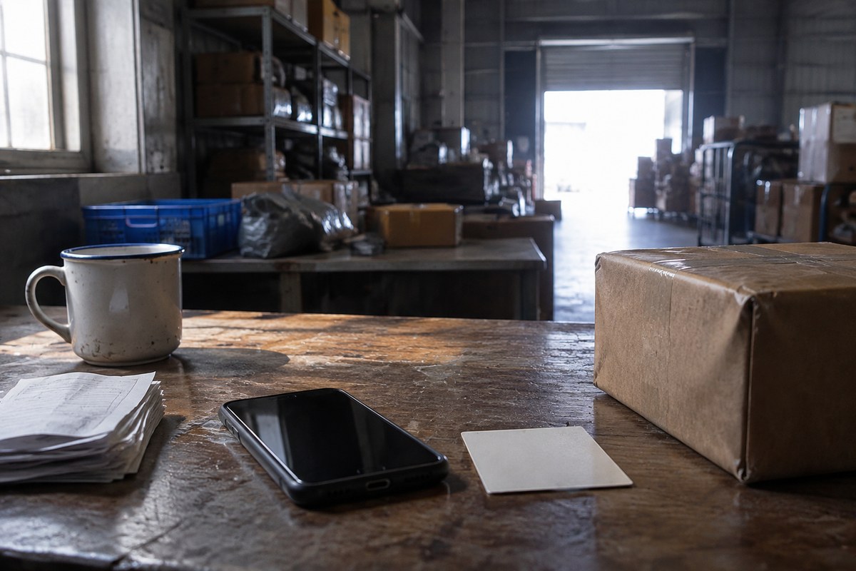 Warehouse staff holding a phone and payment card beside an open parcel