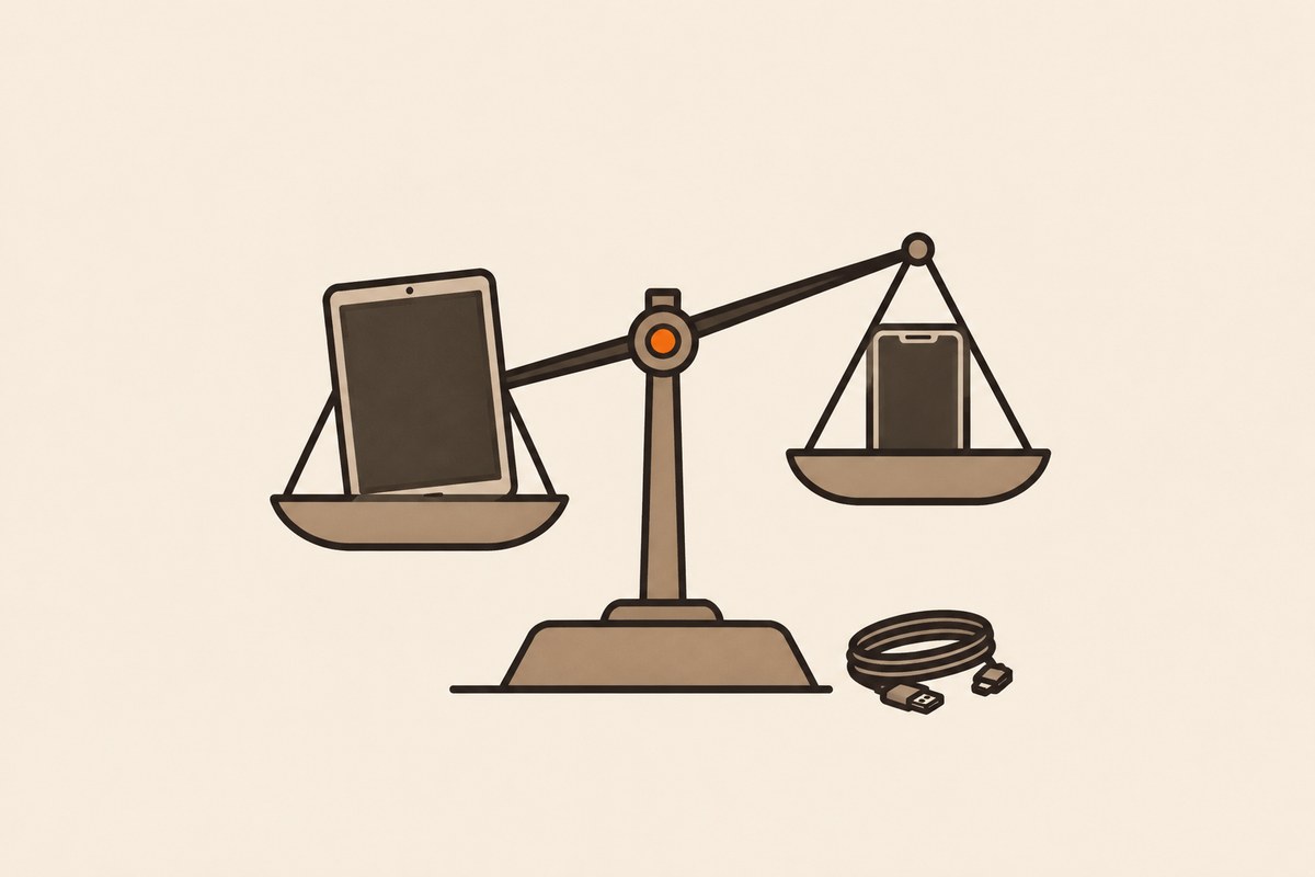 Illustration of a tablet and smartphone on opposite sides of a balance scale