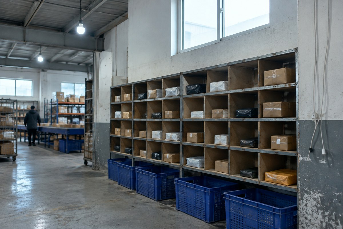 Warehouse worker opening cartons of wrapped parcels, foam peanuts and packed goods