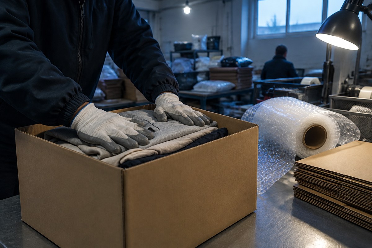 Wrapped parcel being fitted into an open carton to cut shipping volume