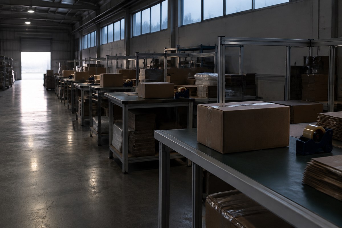 Worker consolidating several small parcels into one large shipping carton