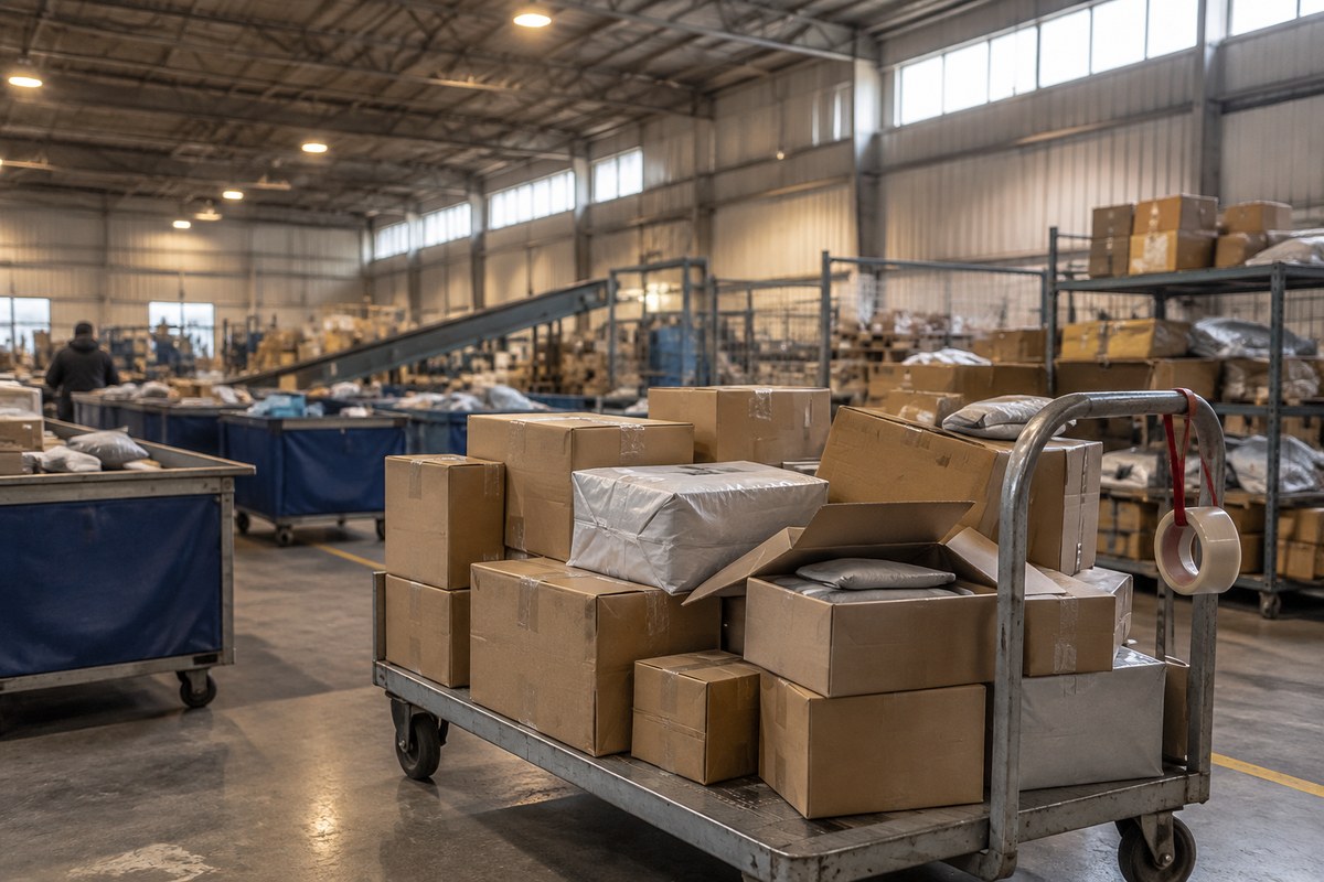 Sealed box lowered into a kraft-lined carton at the packing table
