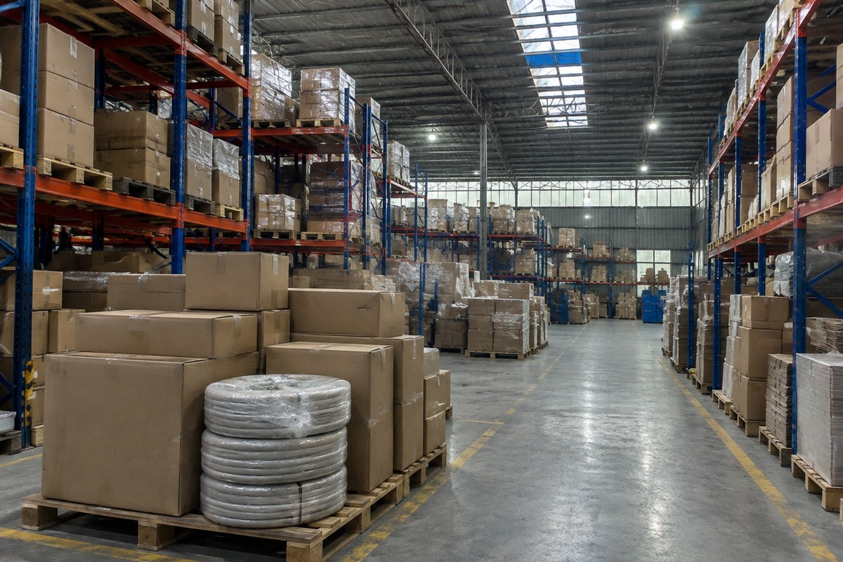 Worker lifting a plain carton from a stretch-wrapped pallet in the warehouse
