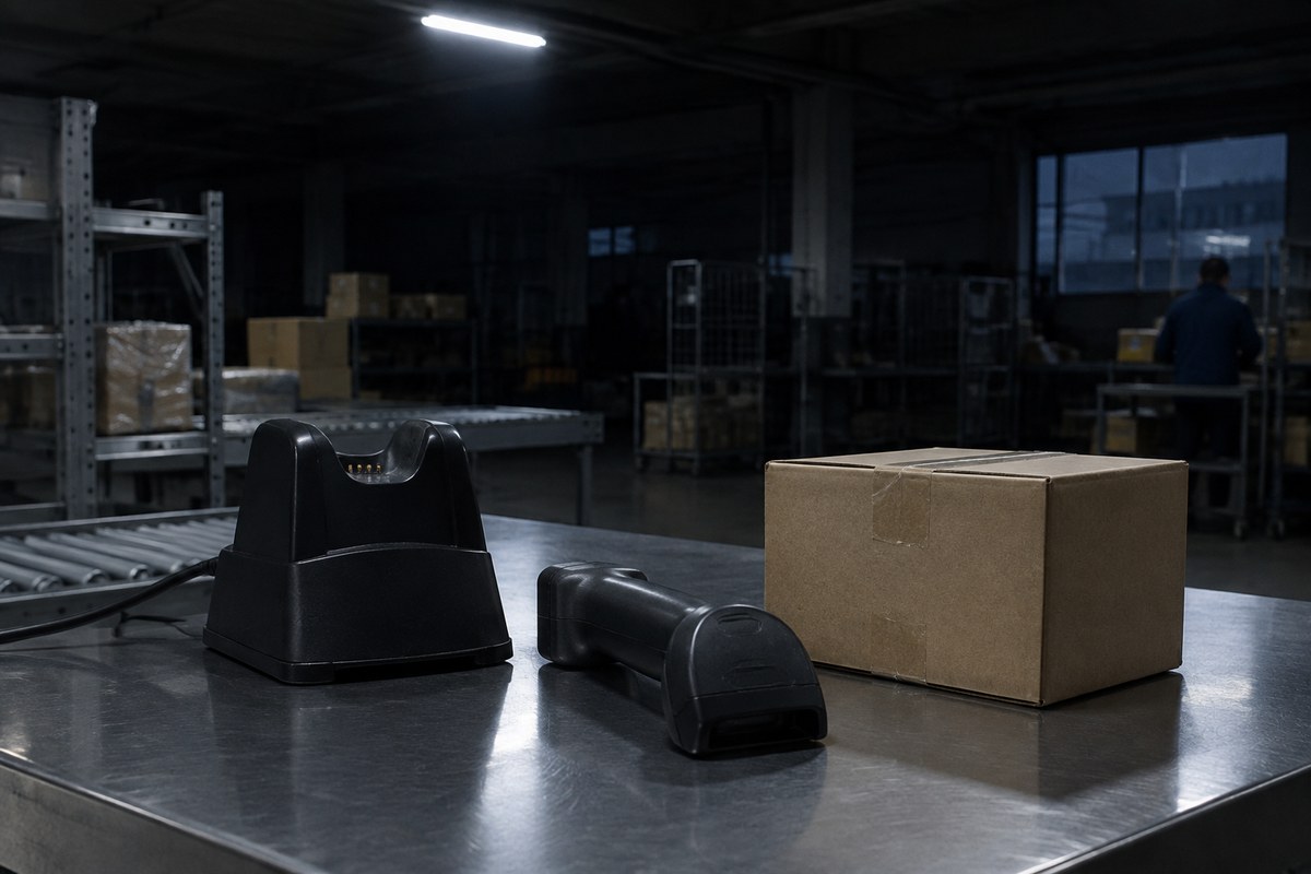 Gloved hands lifting a taped parcel with a blank shipping label at the dispatch counter