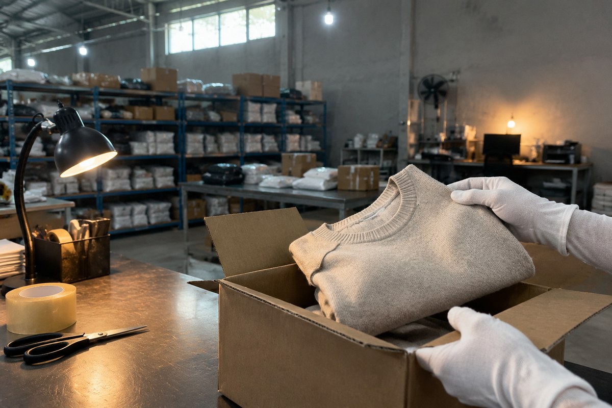 Gloved hands lifting folded knitwear from an open carton beside stacked boxes