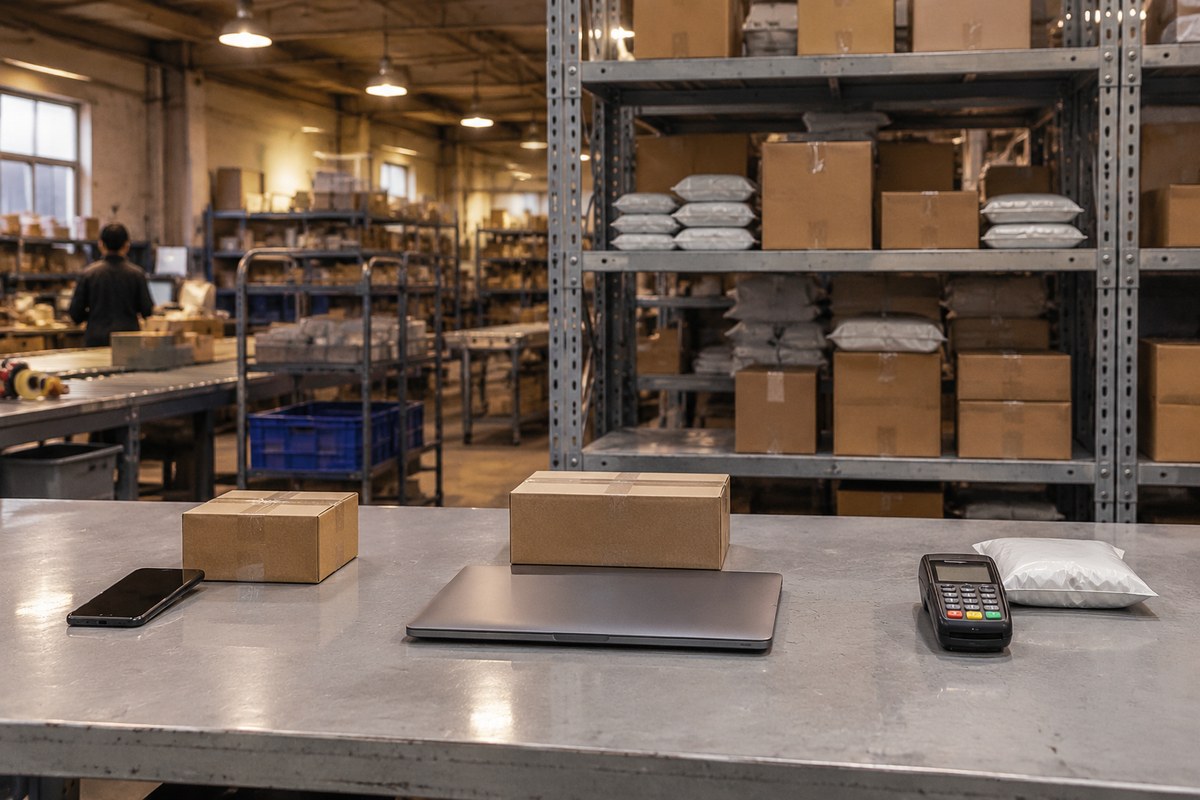 Closed laptop, smartphone and card terminal beside small parcels on a warehouse table